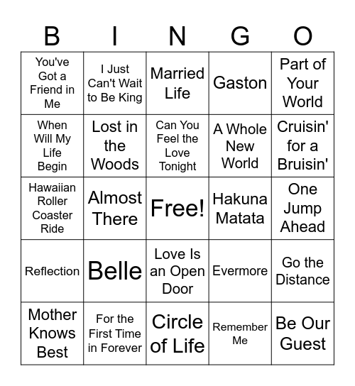 Disney Songs Bingo Card