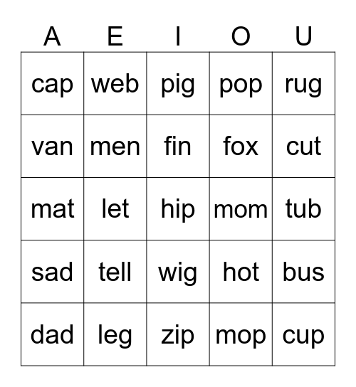 VOWEL Bingo Card