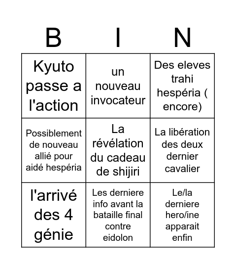 La libération des tempes Bingo Card