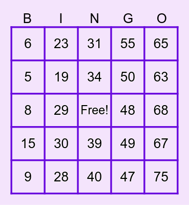 Number Bingo 1-75 Bingo Card