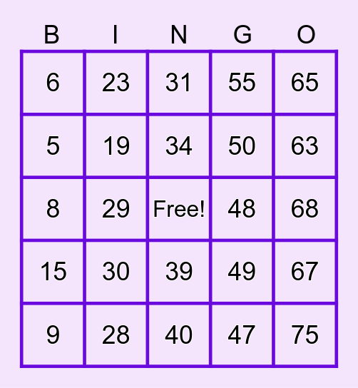 Number Bingo 1-75 Bingo Card