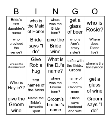 Wedding Day Bingo Card