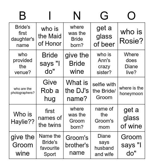 Wedding Day Bingo Card
