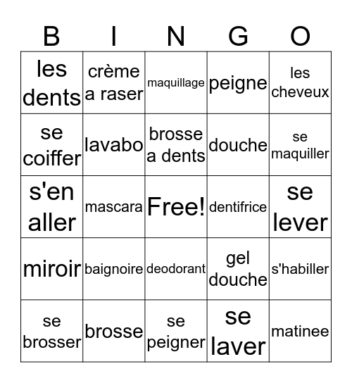 Francais II Chapitre 5 Vocabulaire 1 Bingo Card