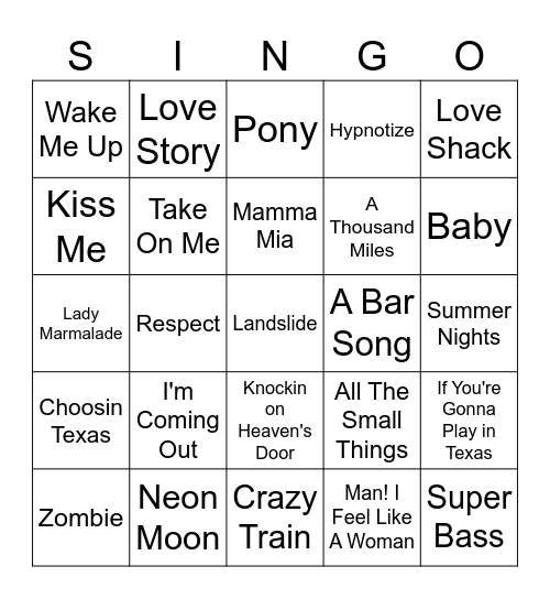 SINGO Bingo Card