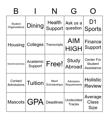 NIU Admissions Bingo Card