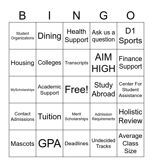 NIU Admissions Bingo Card