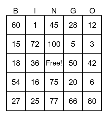 Third Grade Math Bigo Bingo Card
