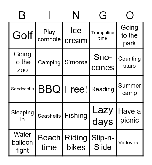 Summer Fun Bingo Card