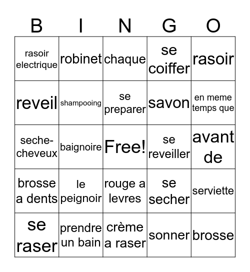 French II Chapter 5 Vocabulary 1 Bingo Card