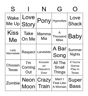 SINGO Bingo Card