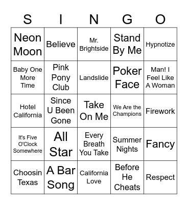 SINGO Bingo Card