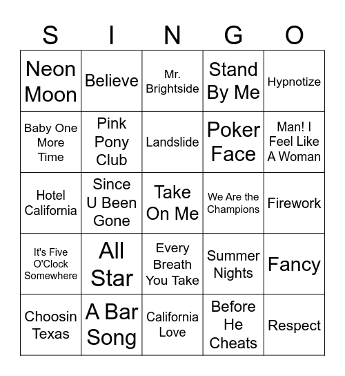 SINGO Bingo Card