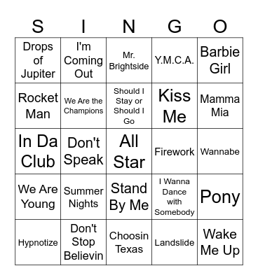 SINGO Bingo Card