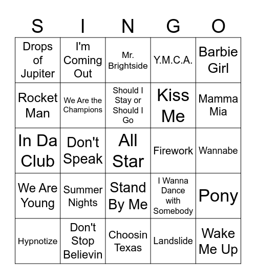 SINGO Bingo Card