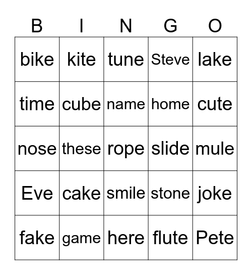 magic e Bingo Card