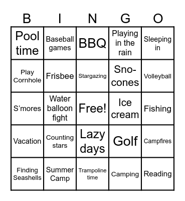 Summer Fun Bingo Card