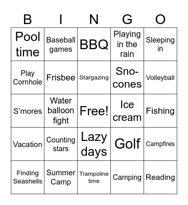 Summer Fun Bingo Card