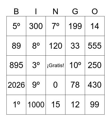 Los números ordinales y cardinales Bingo Card
