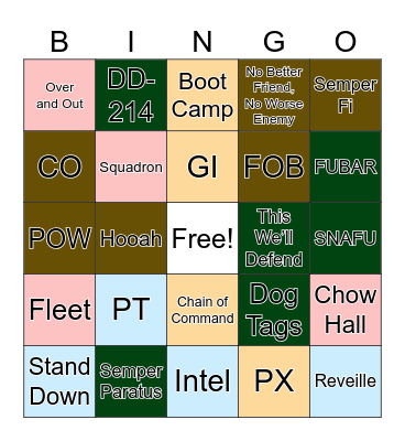 Military Terms Bingo Card