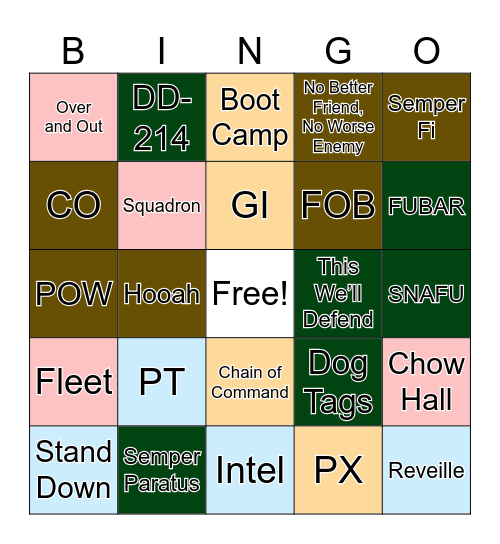 Military Terms Bingo Card