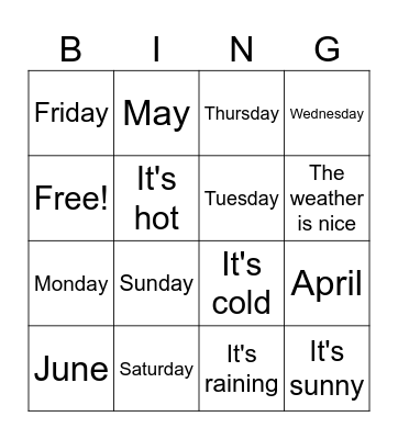 Dias,  meses y el clima Bingo Card