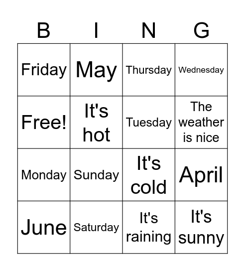 Dias,  meses y el clima Bingo Card