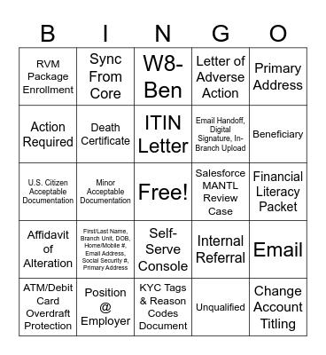 MANTL Consumer New Account Bingo Card