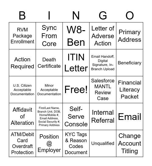 MANTL Consumer New Account Bingo Card