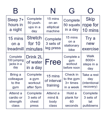 Fitness Bingo Card