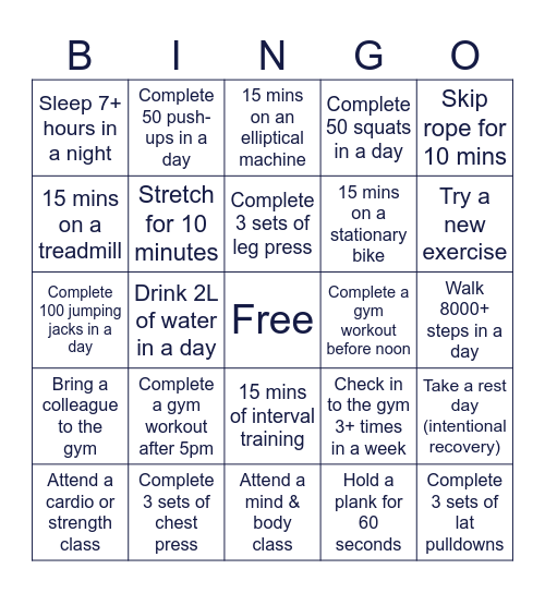 Fitness Bingo Card