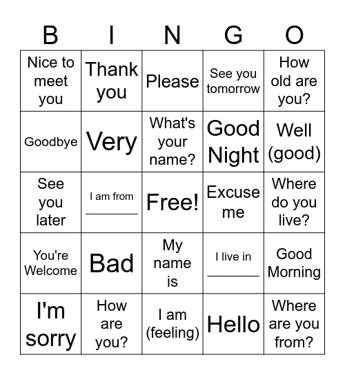 Basic Conversation Bingo Card