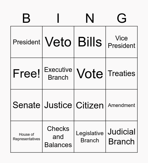 Three Branches of Government BINGO Card