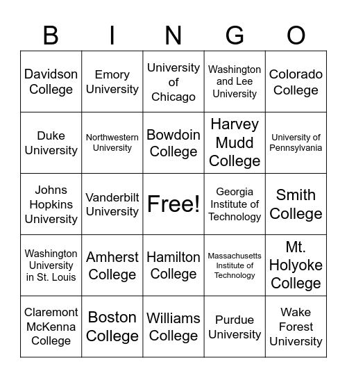 College Bingo Card