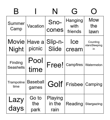 Summer Fun Bingo Card
