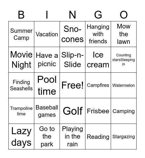 Summer Fun Bingo Card