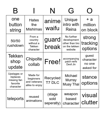 Tekken 8 New Character Reveal Bingo Card