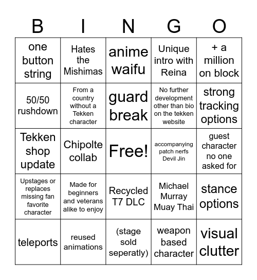 Tekken 8 New Character Reveal Bingo Card