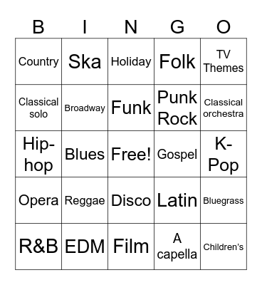 Musical Genres Bingo Card