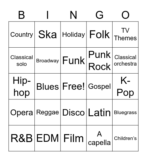 Musical Genres Bingo Card