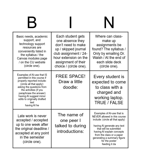 Untitled Bingo Card
