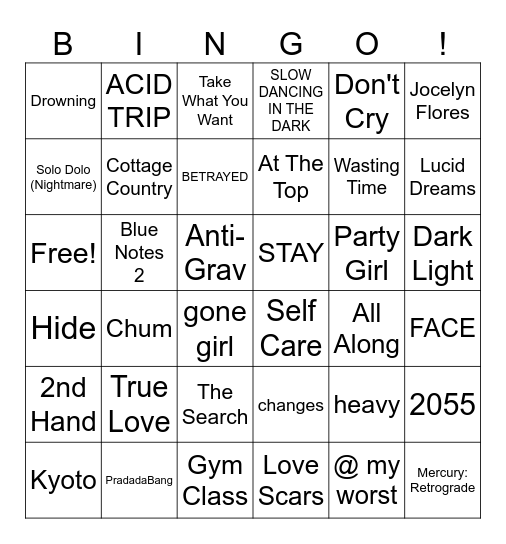 Emo Rap Bingo Card