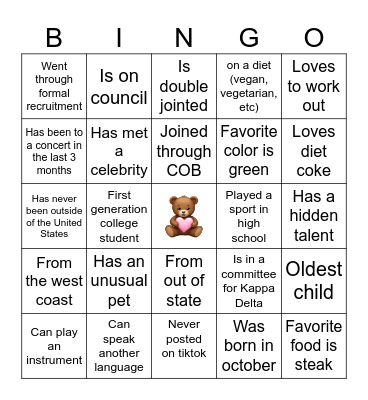 Kappa Delta Bingo Card