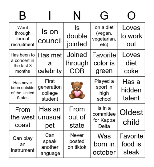 Kappa Delta Bingo Card