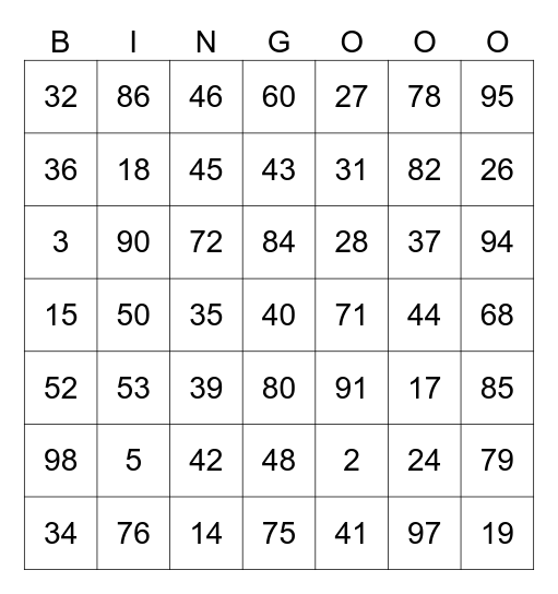 Numbers 1-100 Bingo Card