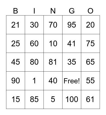 1-100 Bingo Card