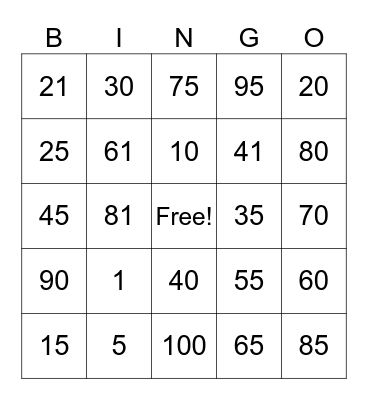 1-100 Bingo Card