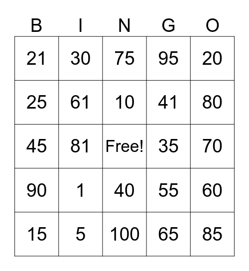 1-100 Bingo Card