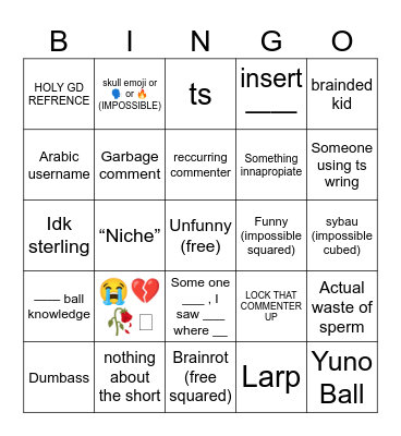 2026 youtube shorts comment section Bingo Card