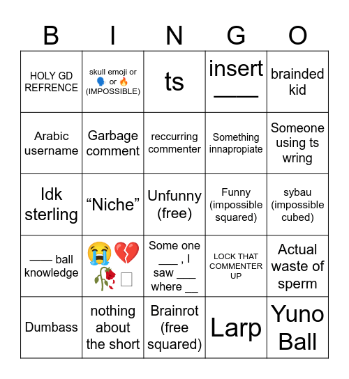 2026 youtube shorts comment section Bingo Card